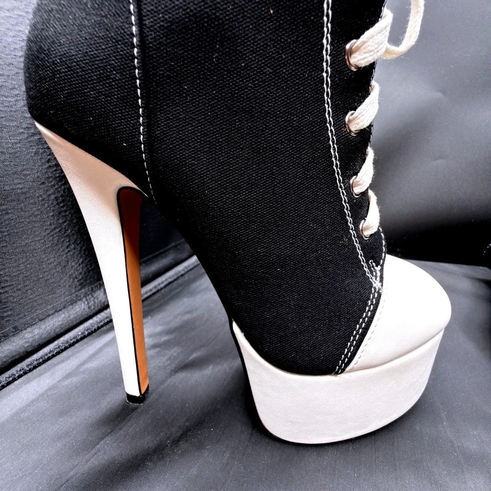 Black Canvas Lace Up Platform Stiletto Ankle Sneaker White Contrast Stitch Sz 36